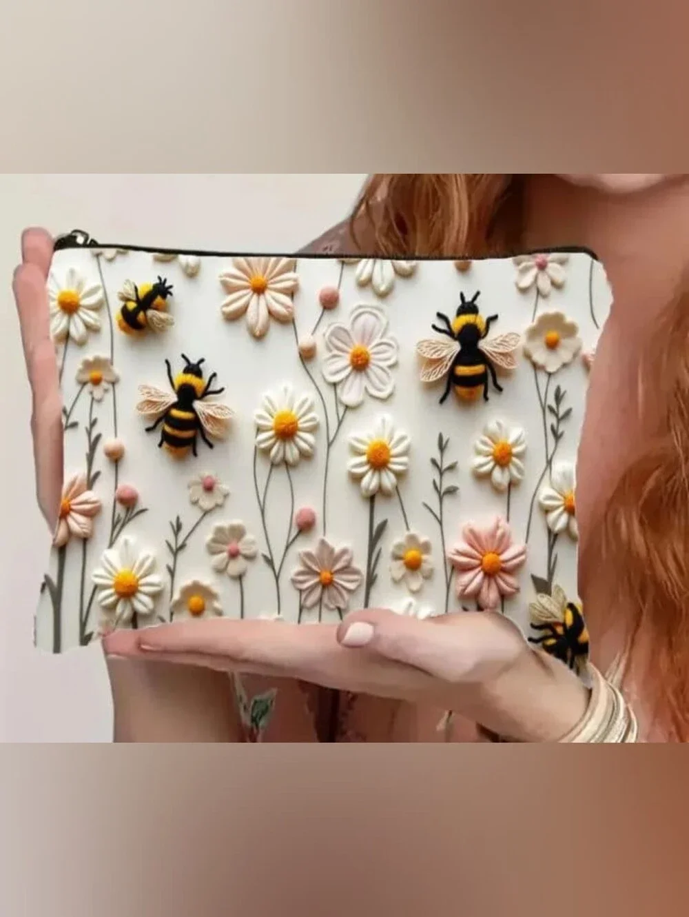 2D Bee & Daisy Floral Makeup Bag with Secure Zipper Closure  New